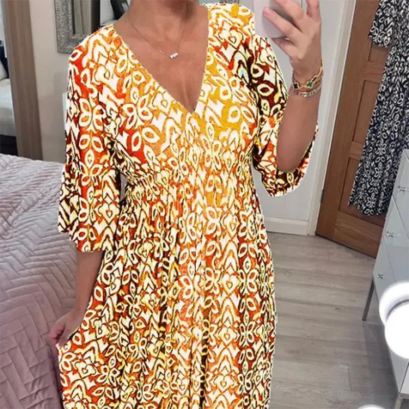 👗Vestido holgado con cuello en V y estampado