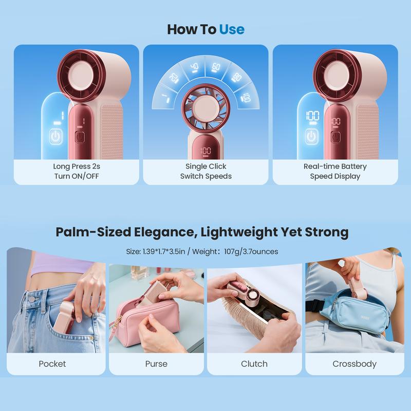 Mini ventilador de mano con pantalla LED – 👍 Ventilador de bolsillo con 5 velocidades turbo. ✨ Recargable por USB, refrigeración de alta velocidad para viajes y maquillaje. Regalo perfecto. Refrigeración portátil.