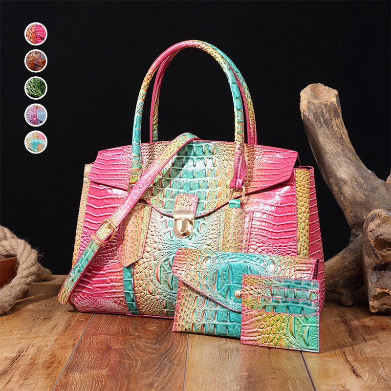 Women's Crossbody Bag with Handle and Crocodile Embossing - 3 Pieces/Set