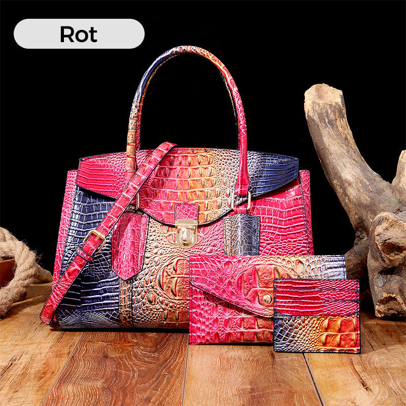 Women's Crossbody Bag with Handle and Crocodile Embossing - 3 Pieces/Set