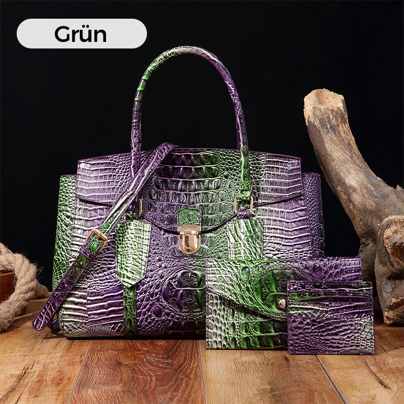 Women's Crossbody Bag with Handle and Crocodile Embossing - 3 Pieces/Set
