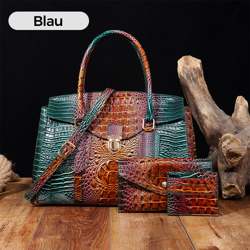 Women's Crossbody Bag with Handle and Crocodile Embossing - 3 Pieces/Set