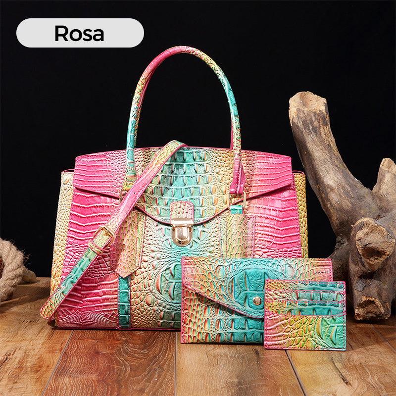 Women's Crossbody Bag with Handle and Crocodile Embossing - 3 Pieces/Set
