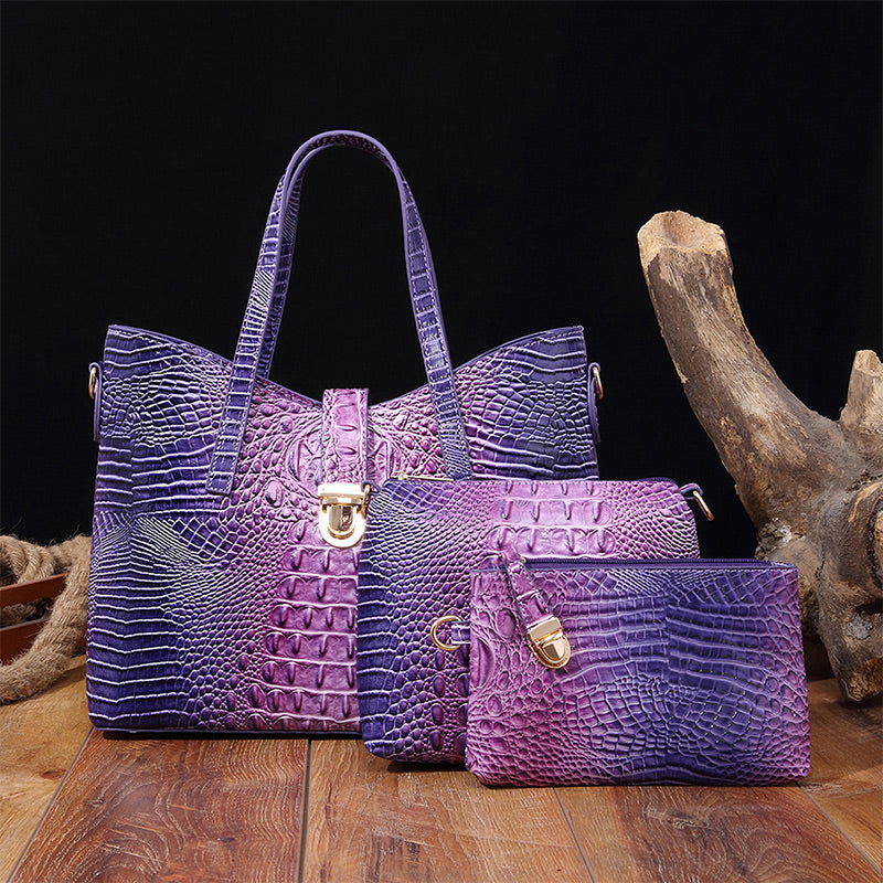 3-piece bag set with color gradient and crocodile embossing