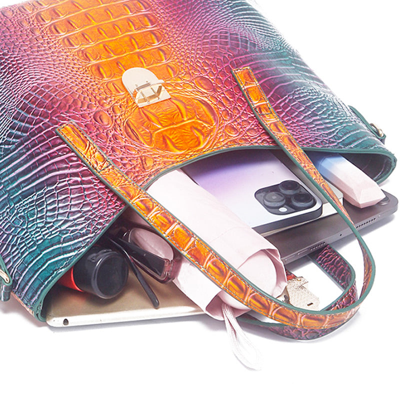 3-piece bag set with color gradient and crocodile embossing