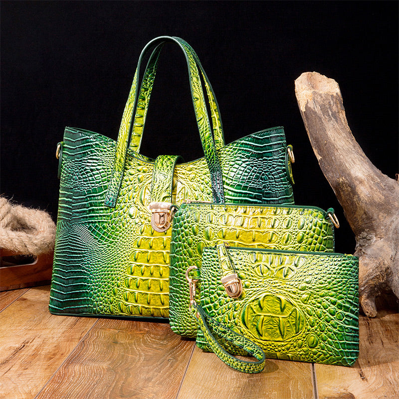 3-piece bag set with color gradient and crocodile embossing