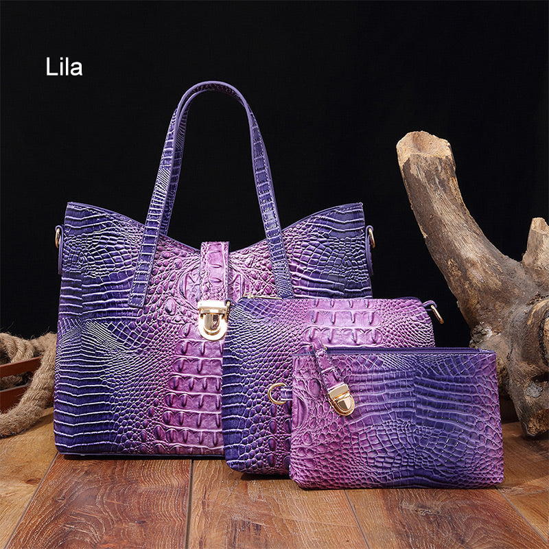 3-piece bag set with color gradient and crocodile embossing