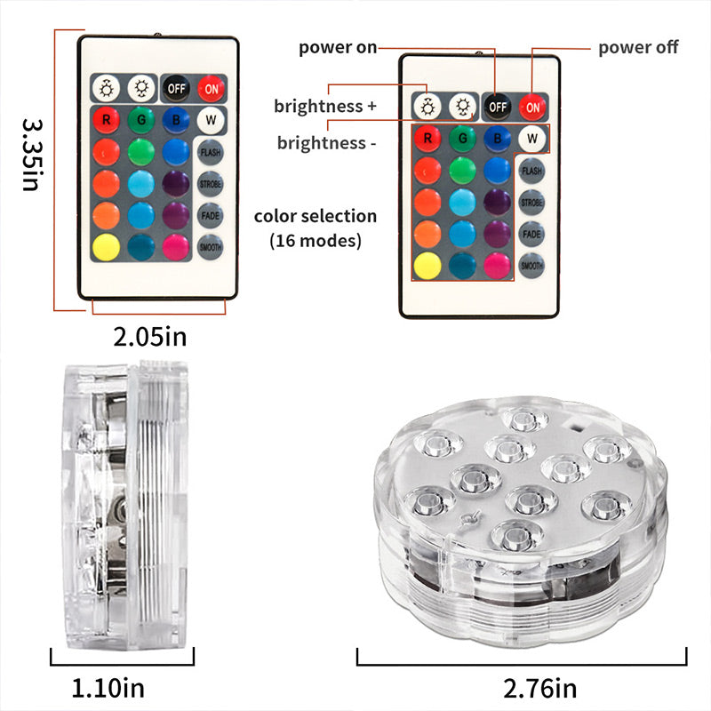 Luces LED sumergibles e impermeables con control remoto para piscinas.