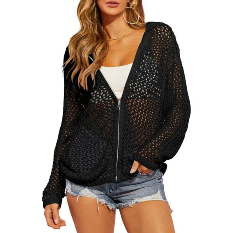💟2026 Women's Open-Knit Zip-Up Cardigan | Lightweight Hollow-Out Long Sleeve Sweater for Spring & Summer