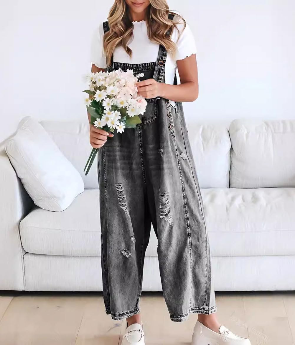 š„Limited time sale 50% OFFšWomen's Cute Casual Button Jumpsuit Ripped Denim Overalls