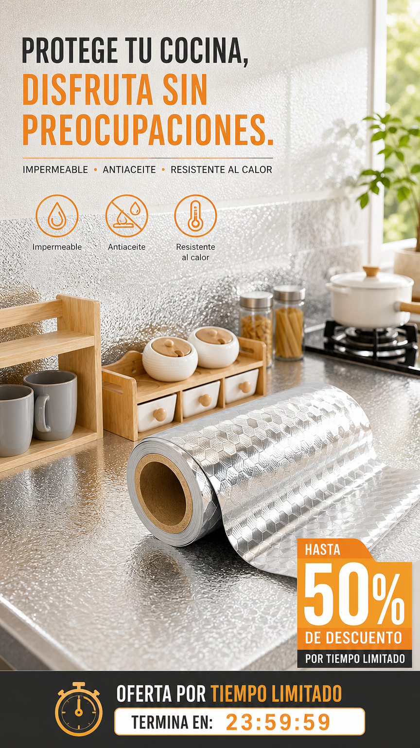 📢📢¡¡50% DE DESCUENTO!! ⏰Papel tapiz adhesivo para cocina – Protector de salpicaduras impermeable autoadhesivo para cocina
