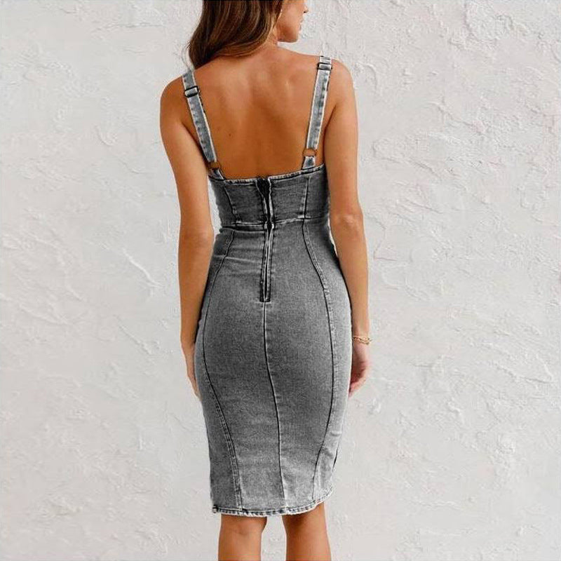 Vestido ajustado de mezclilla con tirantes y cuello en U para mujer