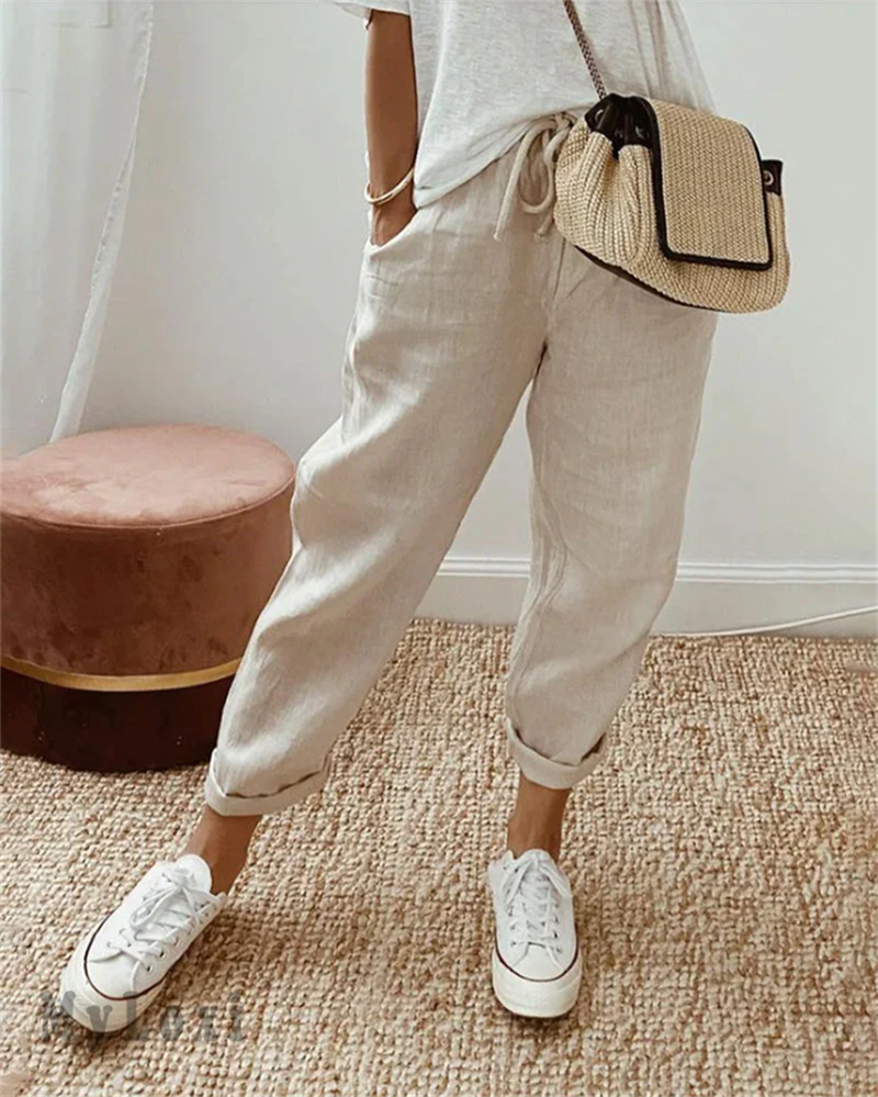 🎁 ¡50 % DE DESCUENTO! 👖🌿 Pantalones informales de algodón y lino para mujer: transpirables, de cintura alta y largo hasta el tobillo, elegantes ✨