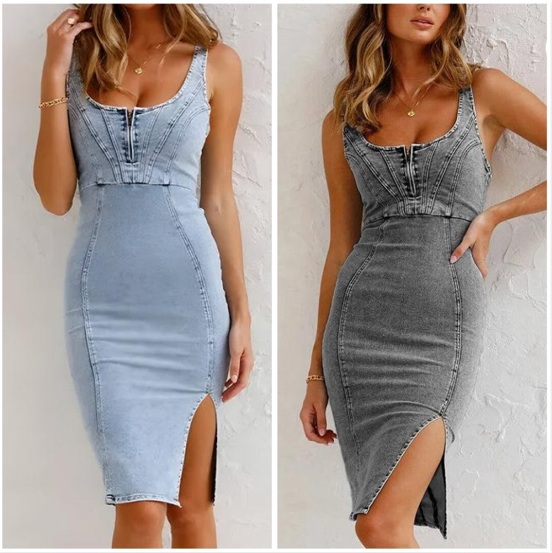 Vestido ajustado de mezclilla con tirantes y cuello en U para mujer