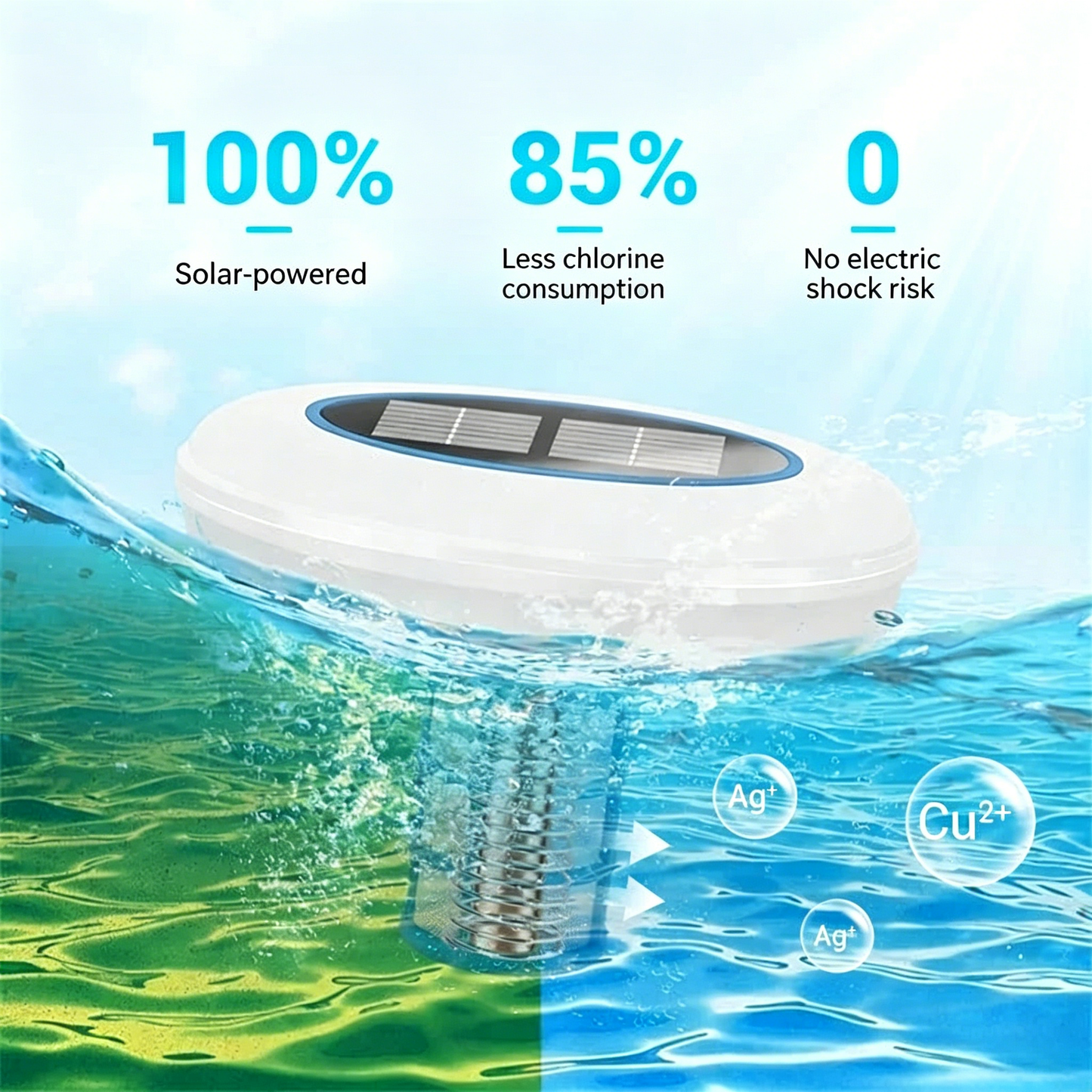 🏊‍♀️🌿💧 ¡ADIÓS AL CLORO AGRESIVO! Ionizador solar para piscinas: suave con la piel y los ojos, purificación natural, mantiene el agua cristalina para que toda la familia disfrute 🏖️🍃