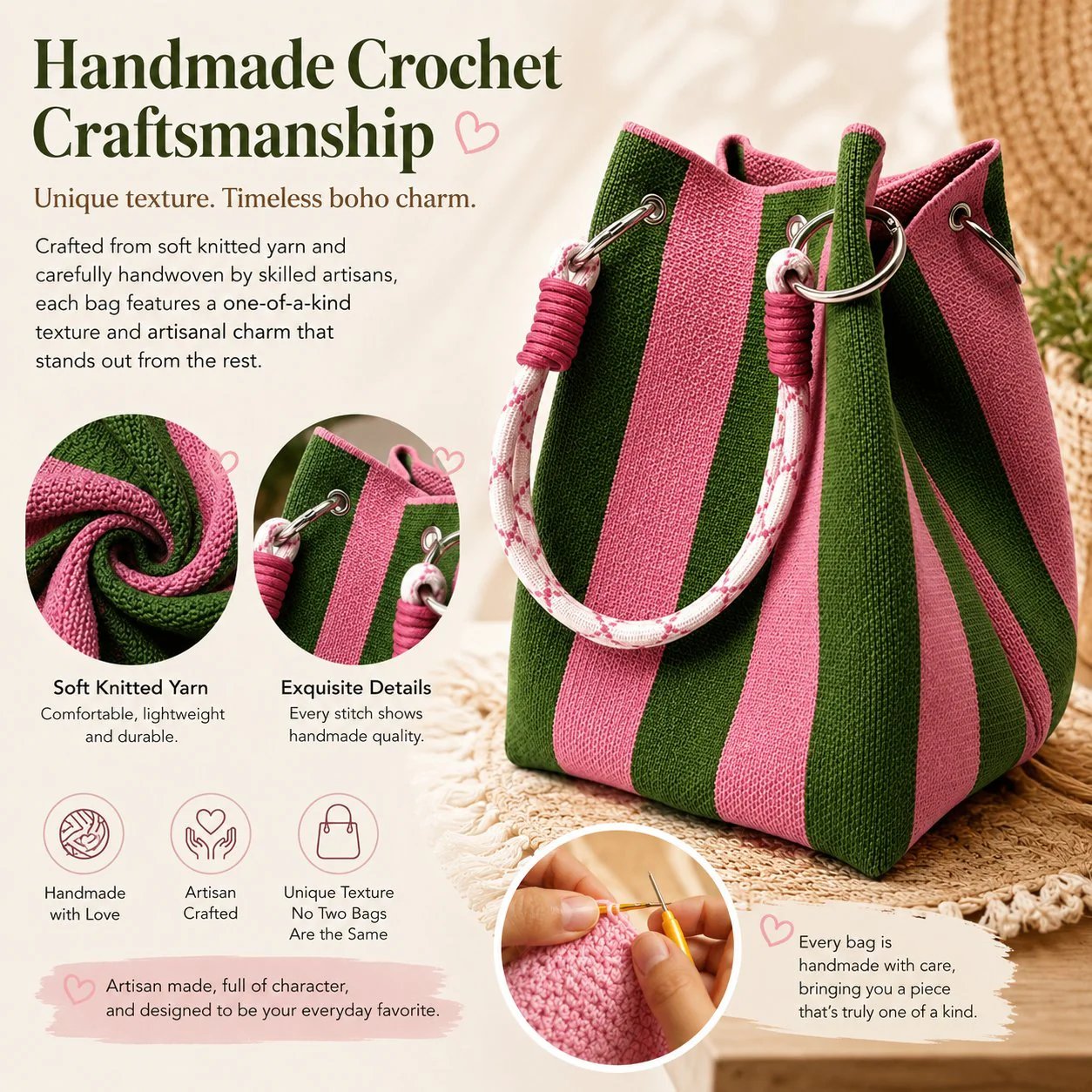 🏆👜 Oferta por Tiempo Limitado: 50% DESCUENTO 🌴 Bolso Cubo de Punto Boho a Rayas para Mujer – Bolso de Hombro Artesanal para Playa y Verano