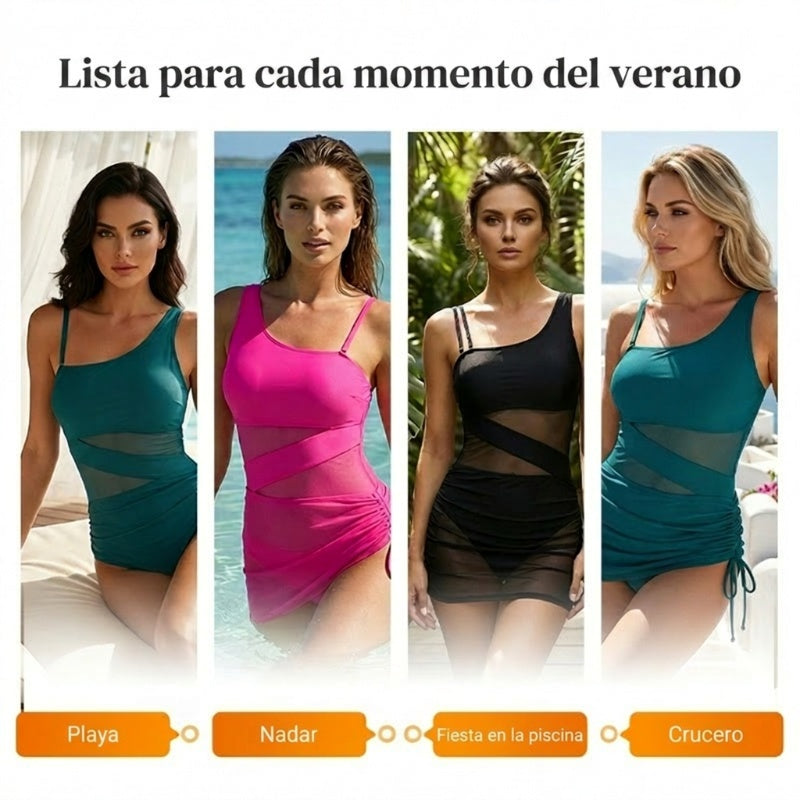 👙 Traje de Baño Enterizo para Mujer – Detalle de Malla Transparente, Cordón Ajustable, Control de Abdomen, Tela Elástica, Tallas S-2XL