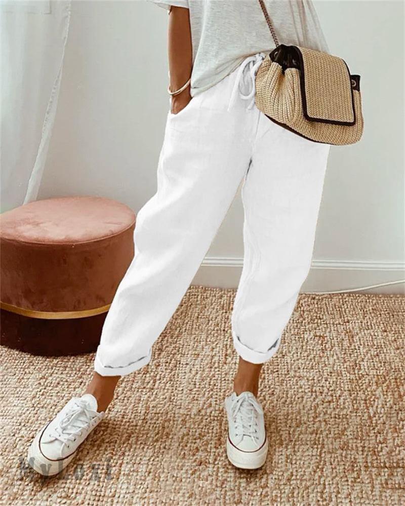 🎁 ¡50 % DE DESCUENTO! 👖🌿 Pantalones informales de algodón y lino para mujer: transpirables, de cintura alta y largo hasta el tobillo, elegantes ✨