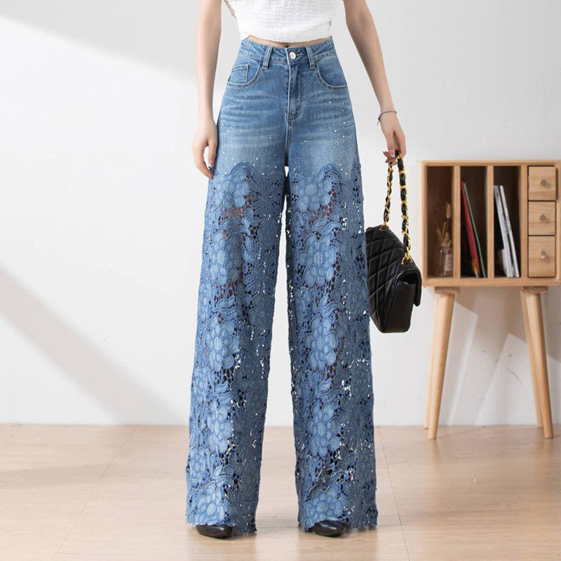 🔥 Venta de verano🔥 Pantalones de pierna ancha de mezclilla azul de cintura alta para mujer (paneles de encaje ahuecados