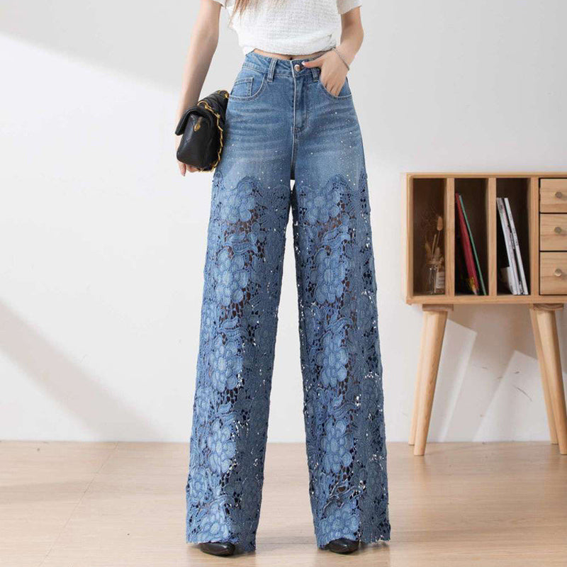 🔥 Venta de verano🔥 Pantalones de pierna ancha de mezclilla azul de cintura alta para mujer (paneles de encaje ahuecados