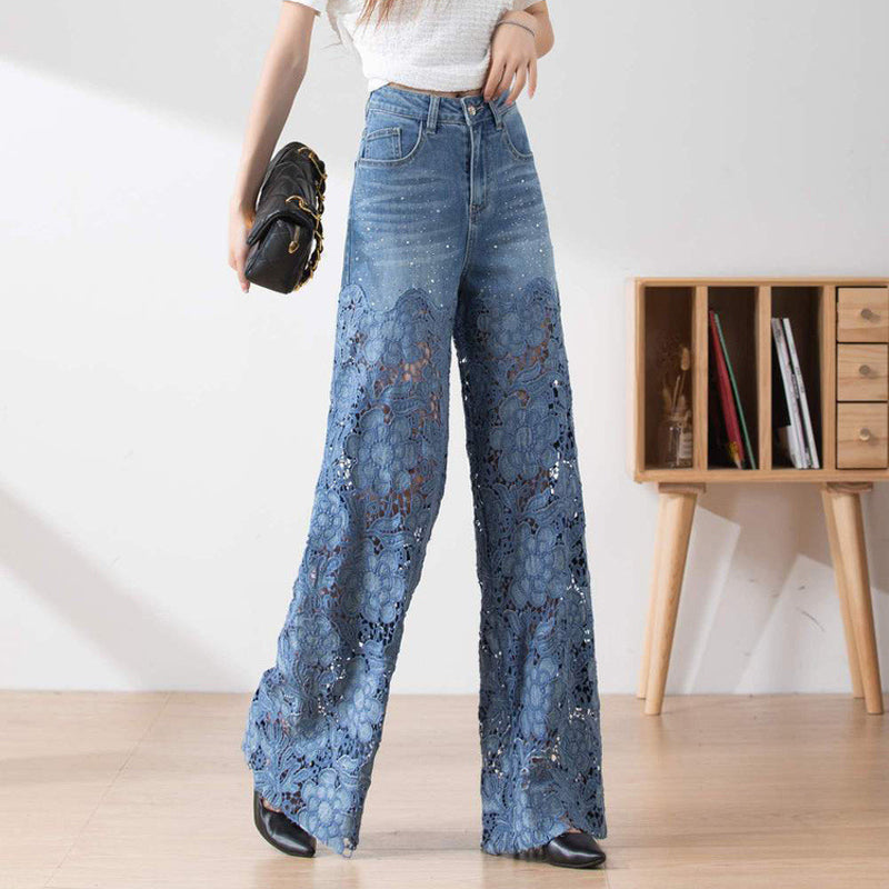 🔥 Venta de verano🔥 Pantalones de pierna ancha de mezclilla azul de cintura alta para mujer (paneles de encaje ahuecados