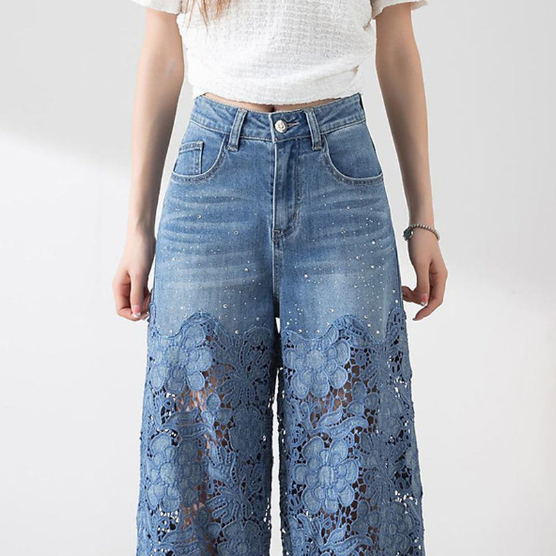 🔥 Venta de verano🔥 Pantalones de pierna ancha de mezclilla azul de cintura alta para mujer (paneles de encaje ahuecados