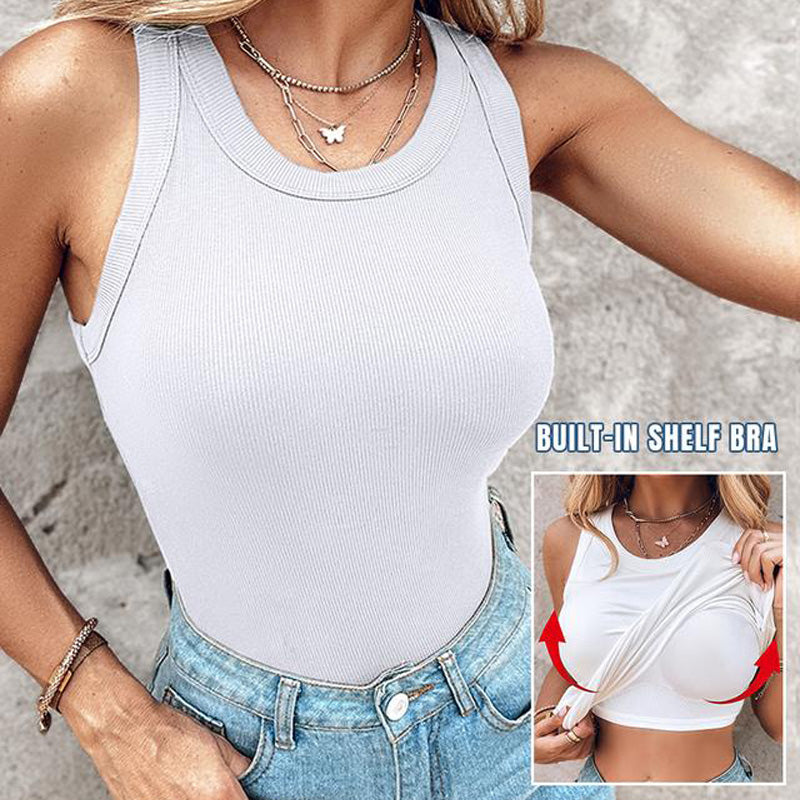 🔥Camiseta sin mangas de canalé con sujetador con repisa para mujer