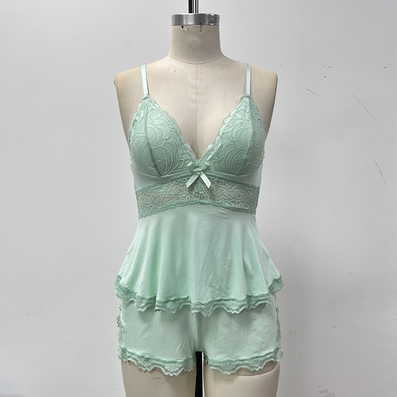 🎉Conjunto de pijama de camisola y pantalones cortos con escote en V y ribete de encaje. ¡Oferta especial!
