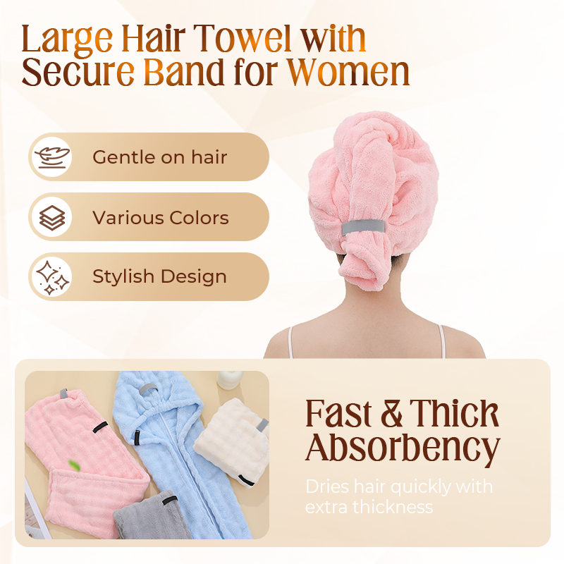 🛁  Toalla grande para el cabello con cinta segura para mujeres