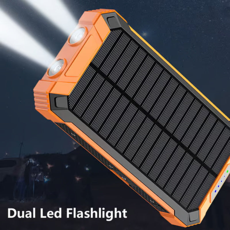 Banco de Energía Portátil de 20000mAh con Cargador Solar y Linterna LED.