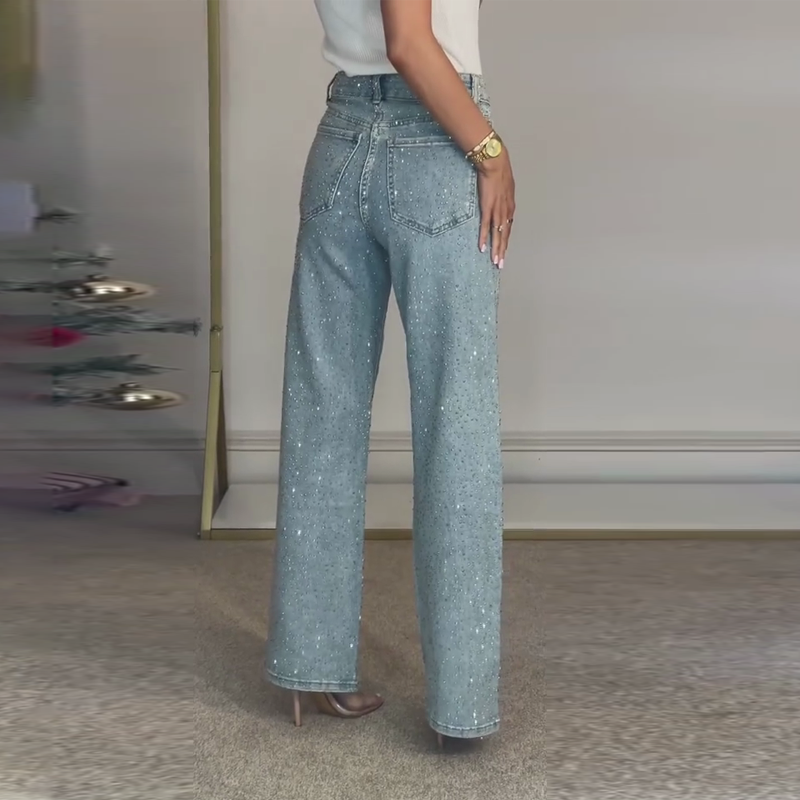 Jeans de pierna recta con strass | Tela micro-elástica con talle alto y corte ajustado
