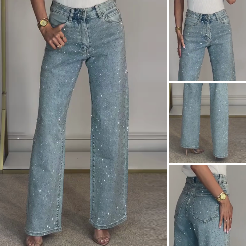 Jeans de pierna recta con strass | Tela micro-elástica con talle alto y corte ajustado