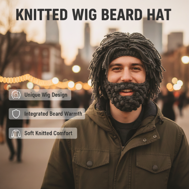 Sombrero estilo punk con peluca sencilla adjunta y barba tejida.