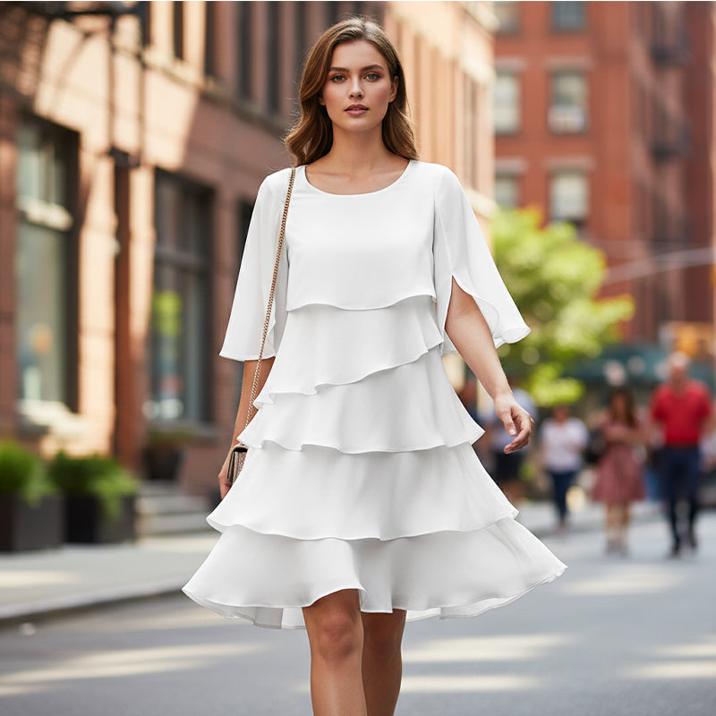 🎁 ¡50 % DE DESCUENTO! Elegante vestido con mangas con volantes en capas para mujer: un estilo sencillo para cualquier ocasión 💃