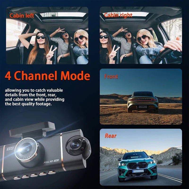 🥳¡Más de 50.000 unidades vendidas! ¡50% de descuento! Cámara para coche de 4 canales: cobertura frontal, trasera e interior. Detección de movimiento, grabación en bucle. El sensor G bloquea las grabaciones de accidentes. Conduce y aparca con confianza. 👴✅