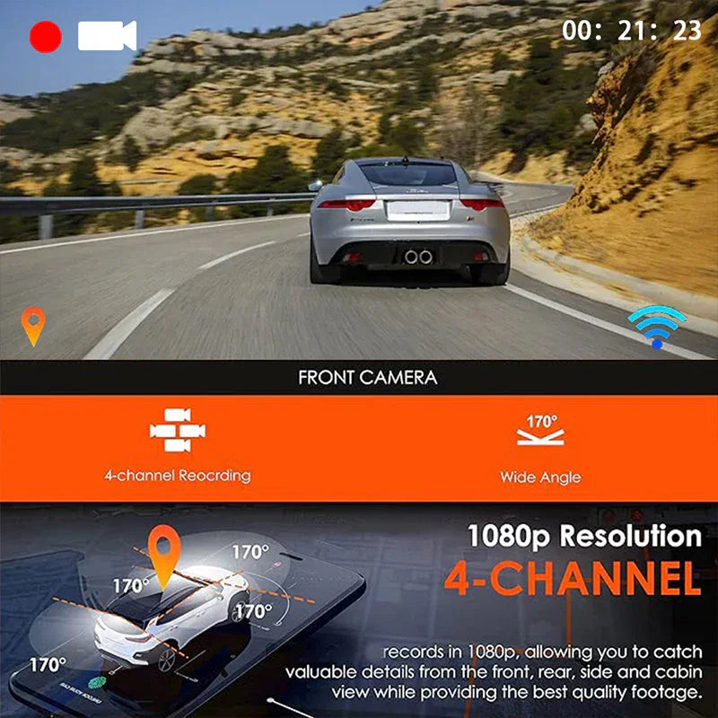 🥳¡Más de 50.000 unidades vendidas! ¡50% de descuento! Cámara para coche de 4 canales: cobertura frontal, trasera e interior. Detección de movimiento, grabación en bucle. El sensor G bloquea las grabaciones de accidentes. Conduce y aparca con confianza. 👴✅
