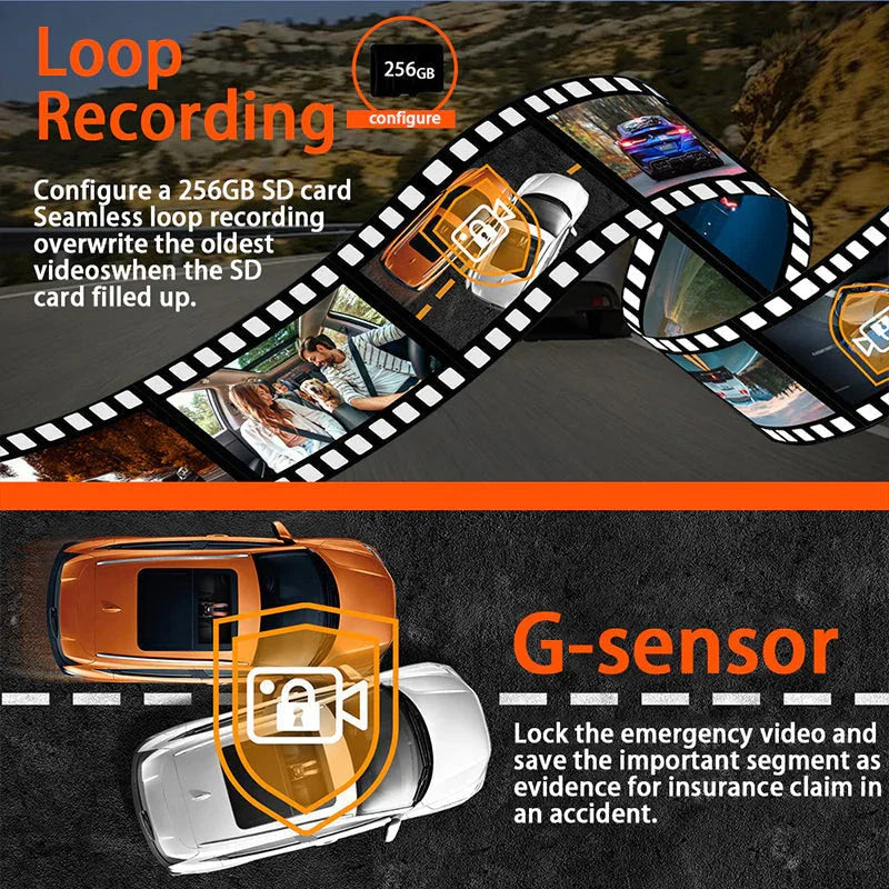 🥳¡Más de 50.000 unidades vendidas! ¡50% de descuento! Cámara para coche de 4 canales: cobertura frontal, trasera e interior. Detección de movimiento, grabación en bucle. El sensor G bloquea las grabaciones de accidentes. Conduce y aparca con confianza. 👴✅
