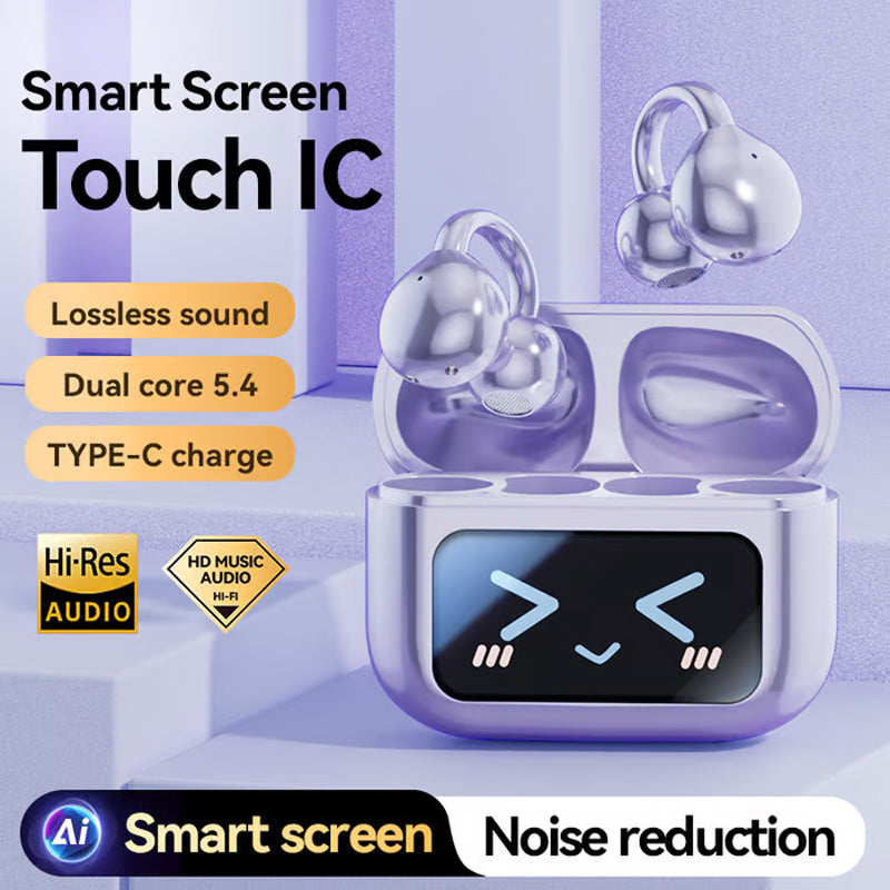 Auriculares inalámbricos de conducción ósea con clip para la oreja y pantalla táctil.
