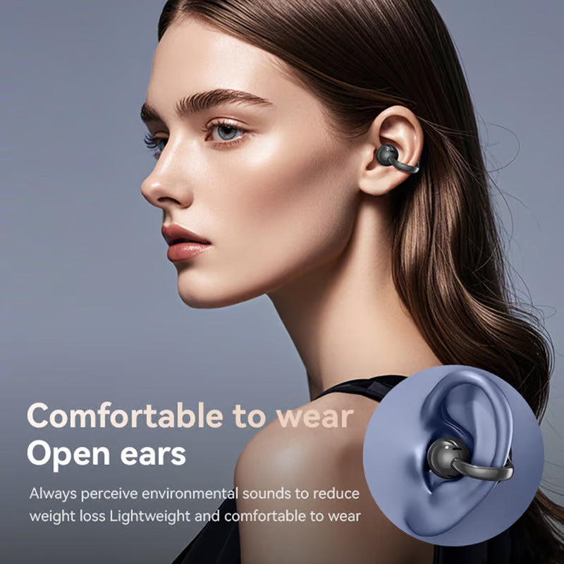 Auriculares inalámbricos de conducción ósea con clip para la oreja y pantalla táctil.