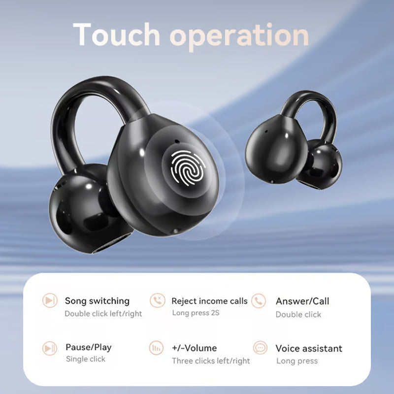 Auriculares inalámbricos de conducción ósea con clip para la oreja y pantalla táctil.