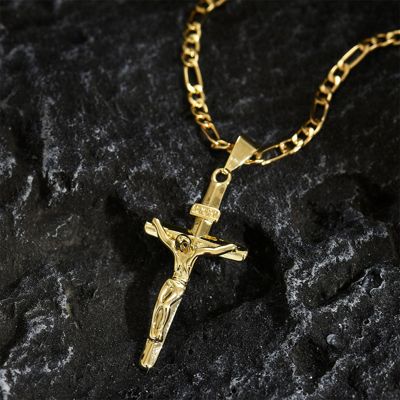 🔥【1° Más Vendido】🔥 ¡50% DE DESCUENTO! ⏰ Collar con colgante de crucifijo tono dorado – Diseño detallado INRI, cadena Figaro ajustable y joya religiosa para el día a día ✝️✨