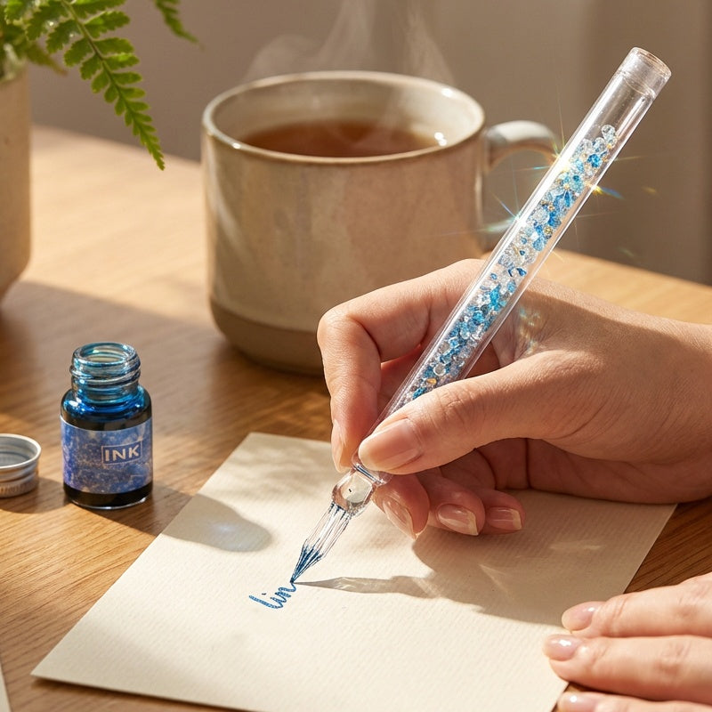 Juego de pluma de inmersión de vidrio con 4 tintas de colores