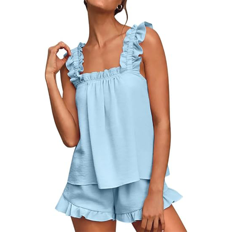 💎 ¡Conjunto de pijama suave y cómodo con volantes! 💎 Ajuste regulable, escote cuadrado y silueta favorecedora ✨