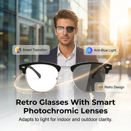 Gafas fotocromáticas retro de media montura que bloquean la luz azul.