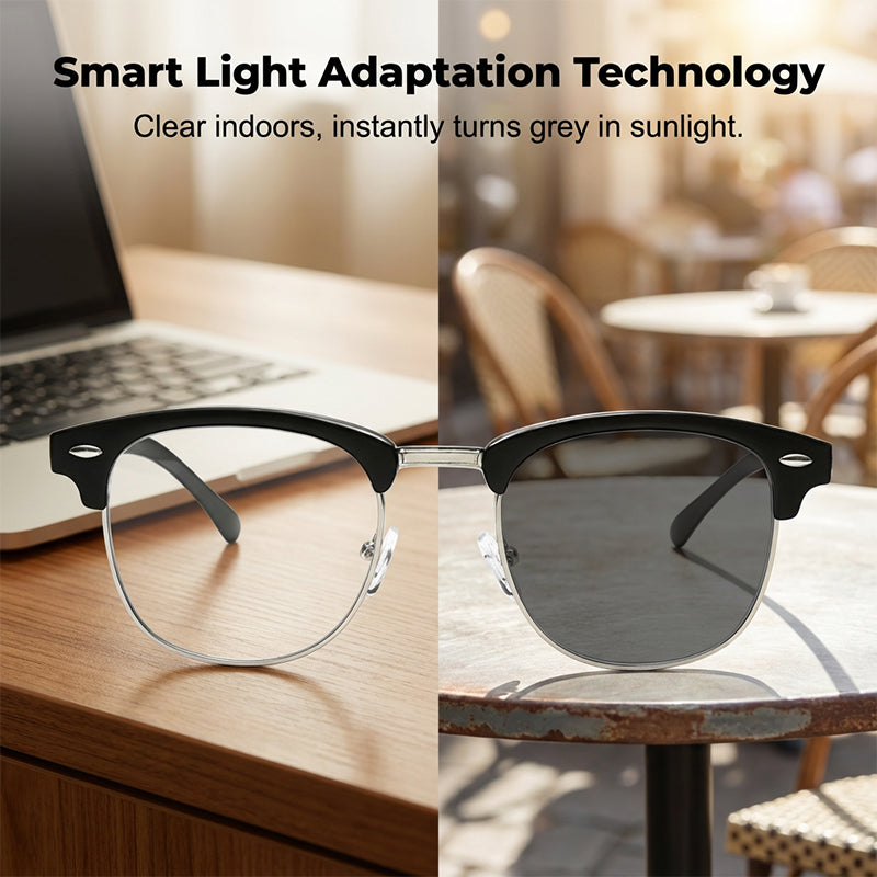 Gafas fotocromáticas retro de media montura que bloquean la luz azul.