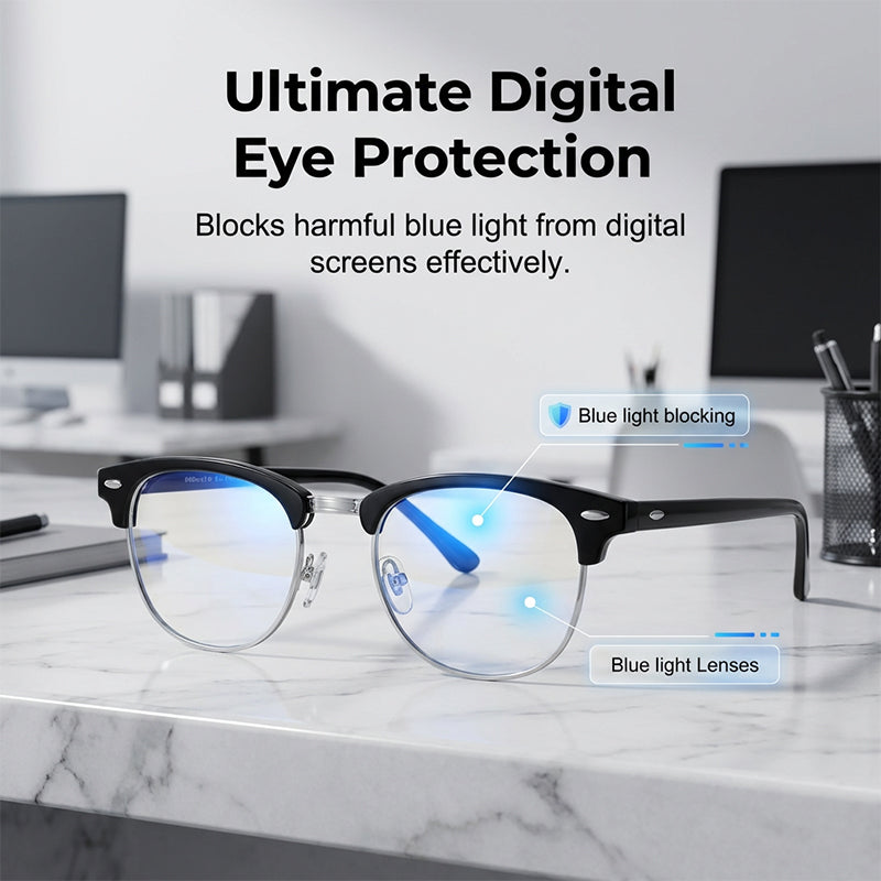 Gafas fotocromáticas retro de media montura que bloquean la luz azul.