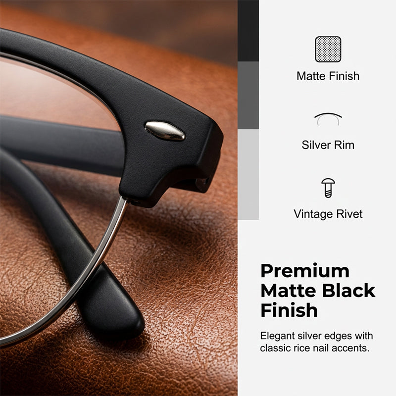 Gafas fotocromáticas retro de media montura que bloquean la luz azul.
