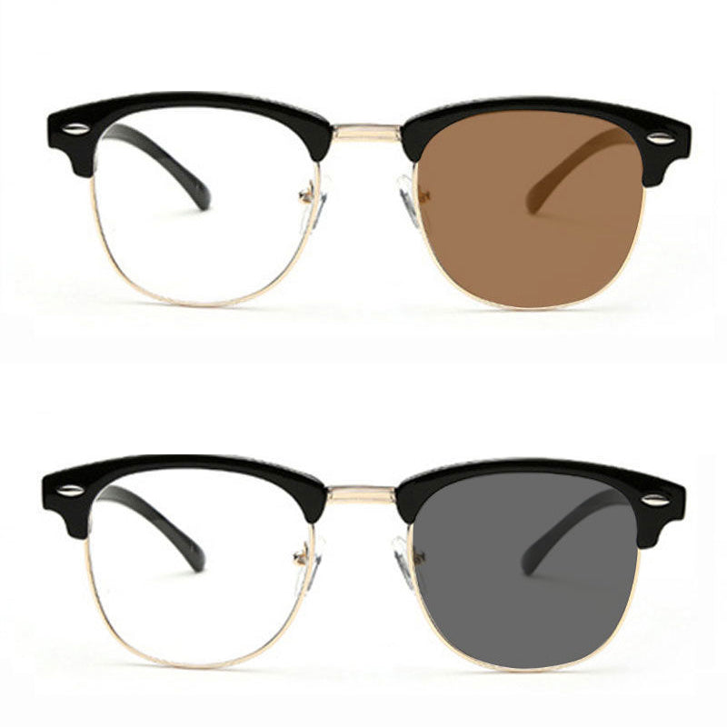Gafas fotocromáticas retro de media montura que bloquean la luz azul.