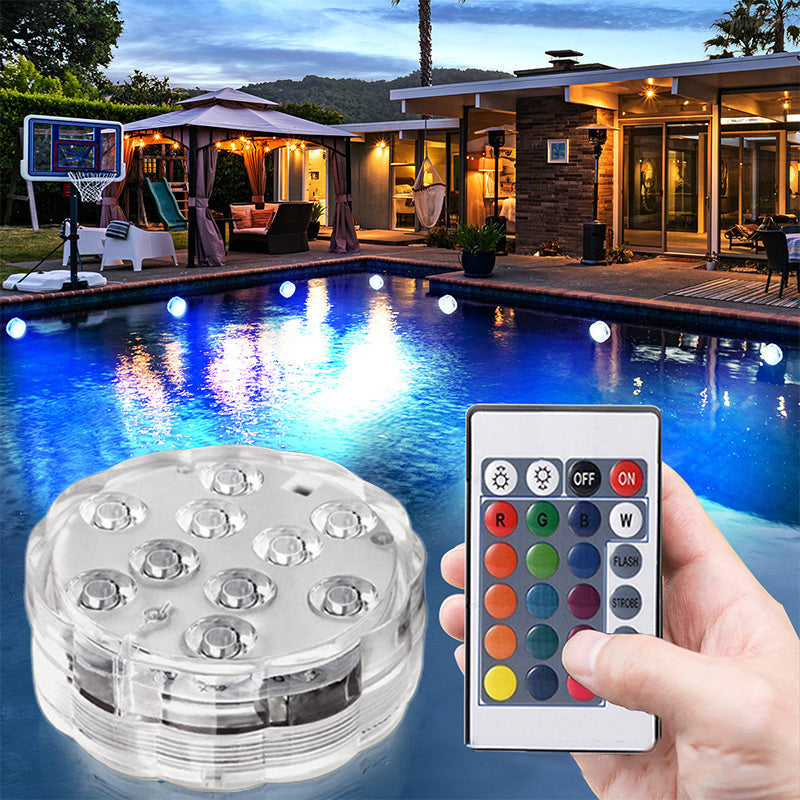 Luces LED sumergibles e impermeables con control remoto para piscinas.