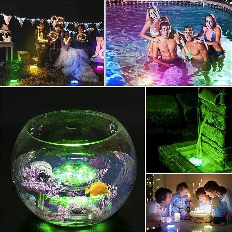 Luces LED sumergibles e impermeables con control remoto para piscinas.